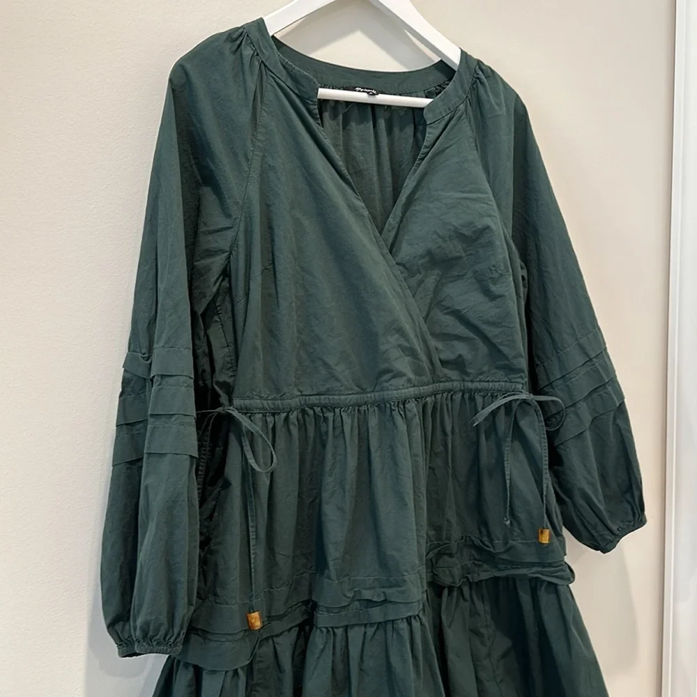 Madewell Long Sleeve Mini Dress Poplin Cotton Wrap Green Casual Quiet Luxury - Picture 4 of 13
